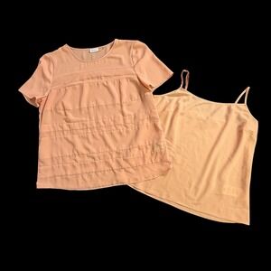 DKNYC Peach Pintuck Mesh Panel Short Sleeve Blouse with Camisole Set Womens